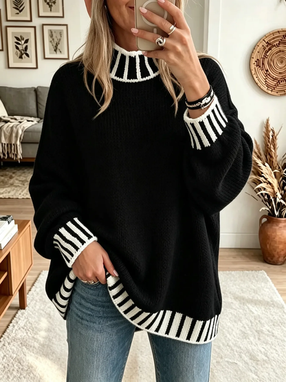 TopSpire® - Women's Striped Trim Mock Neck Sweater