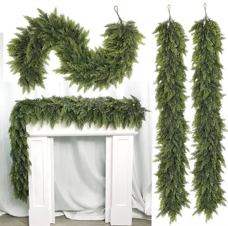 🎄Real Touch Artificial Cedar Garland | Lifelike Winter Pine Greenery for Christmas Mantle, Table & Wall Decor