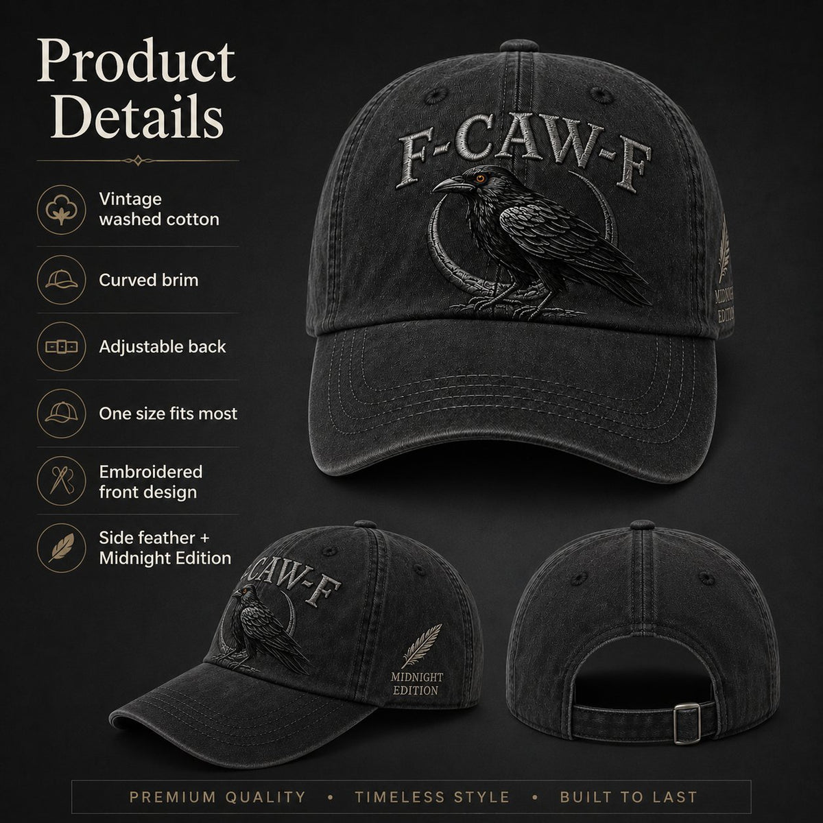 F-CAW-F Midnight Edition Raven Cap – Vintage Washed Embroidered Crow Hat