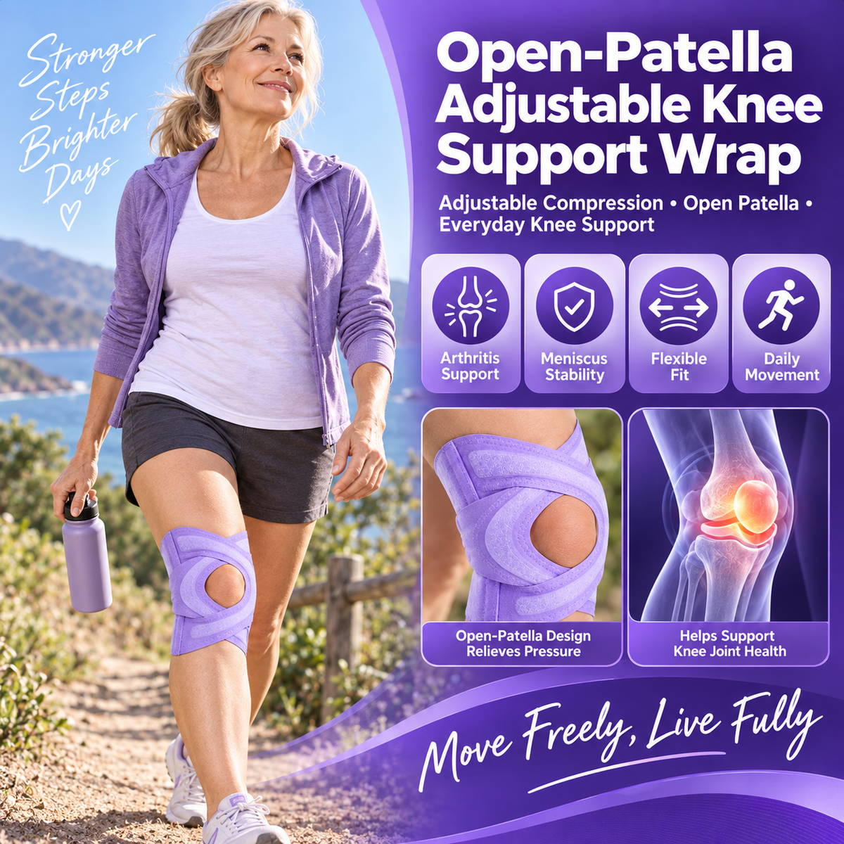 Open-Patella Adjustable Knee Support Wrap