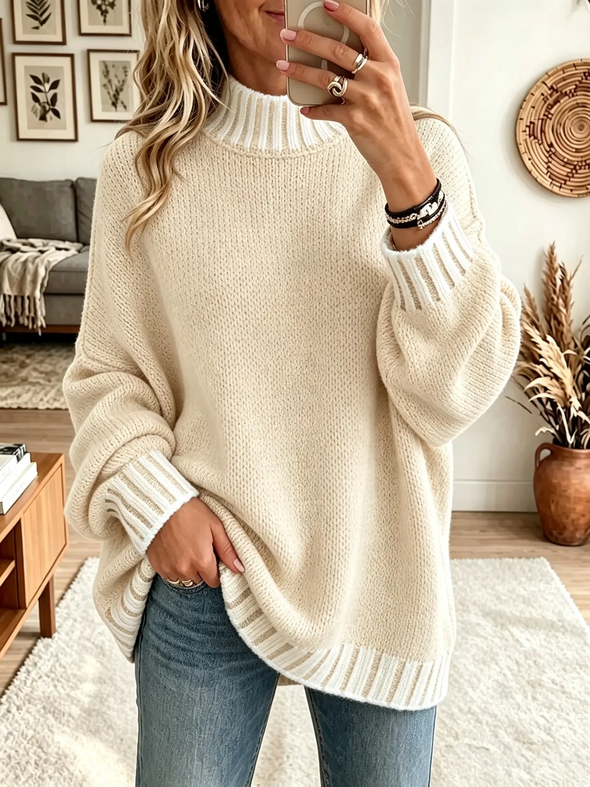 TopSpire® - Women's Striped Trim Mock Neck Sweater