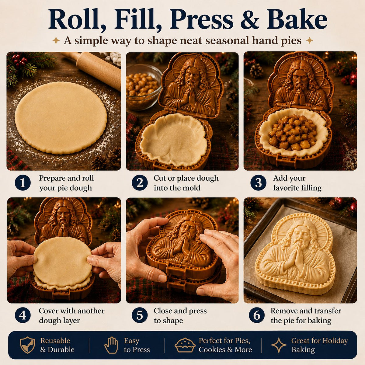 ✝️ Faith & Nativity Christmas Mini Pie Mold Collection | Reusable Embossed Molds for Shaping Detailed Praying Jesus, Nativity Stable and so on Pies🥧✨