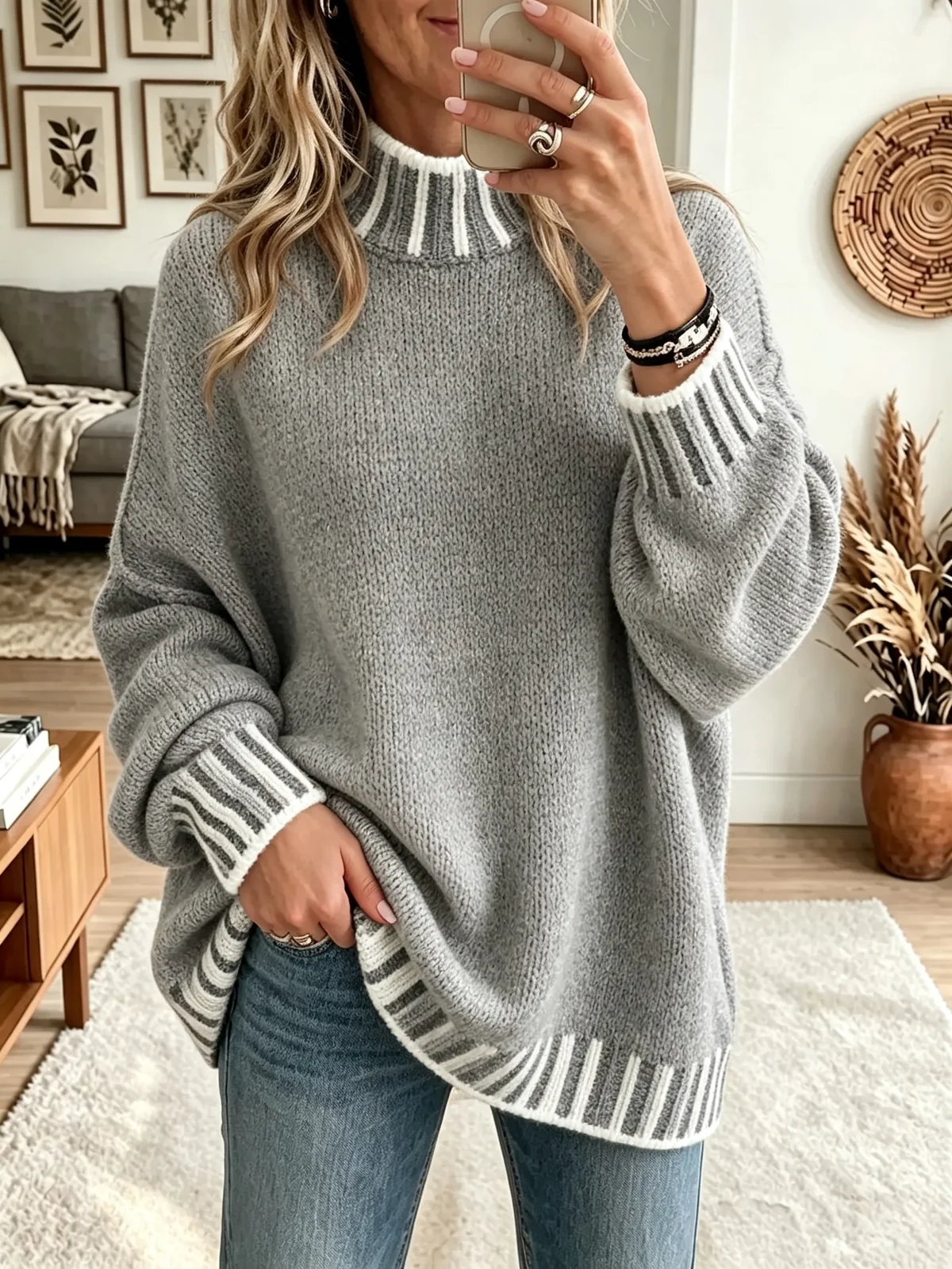 TopSpire® - Women's Striped Trim Mock Neck Sweater