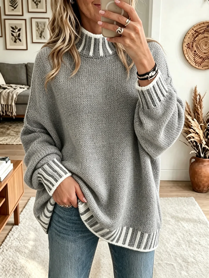 TopSpire® - Women's Striped Trim Mock Neck Sweater