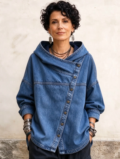 TopSpire® -⏰Women's Chic Denim Hooded Jacket - Relaxed Asymmetric Button Front Top