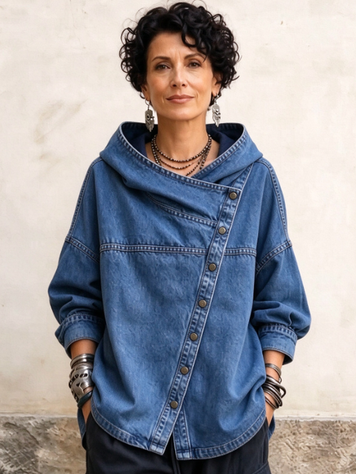 TopSpire® -⏰Women's Chic Denim Hooded Jacket - Relaxed Asymmetric Button Front Top