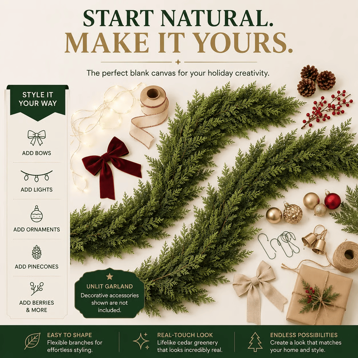🎄Real Touch Artificial Cedar Garland | Lifelike Winter Pine Greenery for Christmas Mantle, Table & Wall Decor