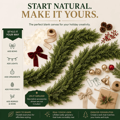 🎄Real Touch Artificial Cedar Garland | Lifelike Winter Pine Greenery for Christmas Mantle, Table & Wall Decor