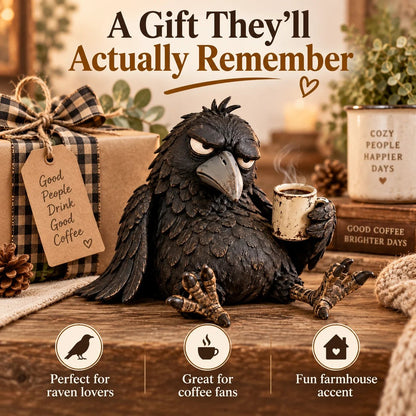 🔥Rustic Vintage Raven Figurine with Coffee Mug – Grumpy Crow Farmhouse Tabletop Decor