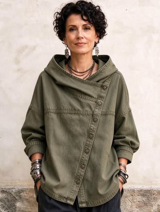 TopSpire® -⏰Women's Chic Denim Hooded Jacket - Relaxed Asymmetric Button Front Top