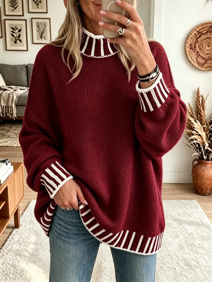TopSpire® - Women's Striped Trim Mock Neck Sweater