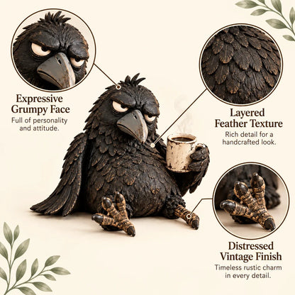 🔥Rustic Vintage Raven Figurine with Coffee Mug – Grumpy Crow Farmhouse Tabletop Decor