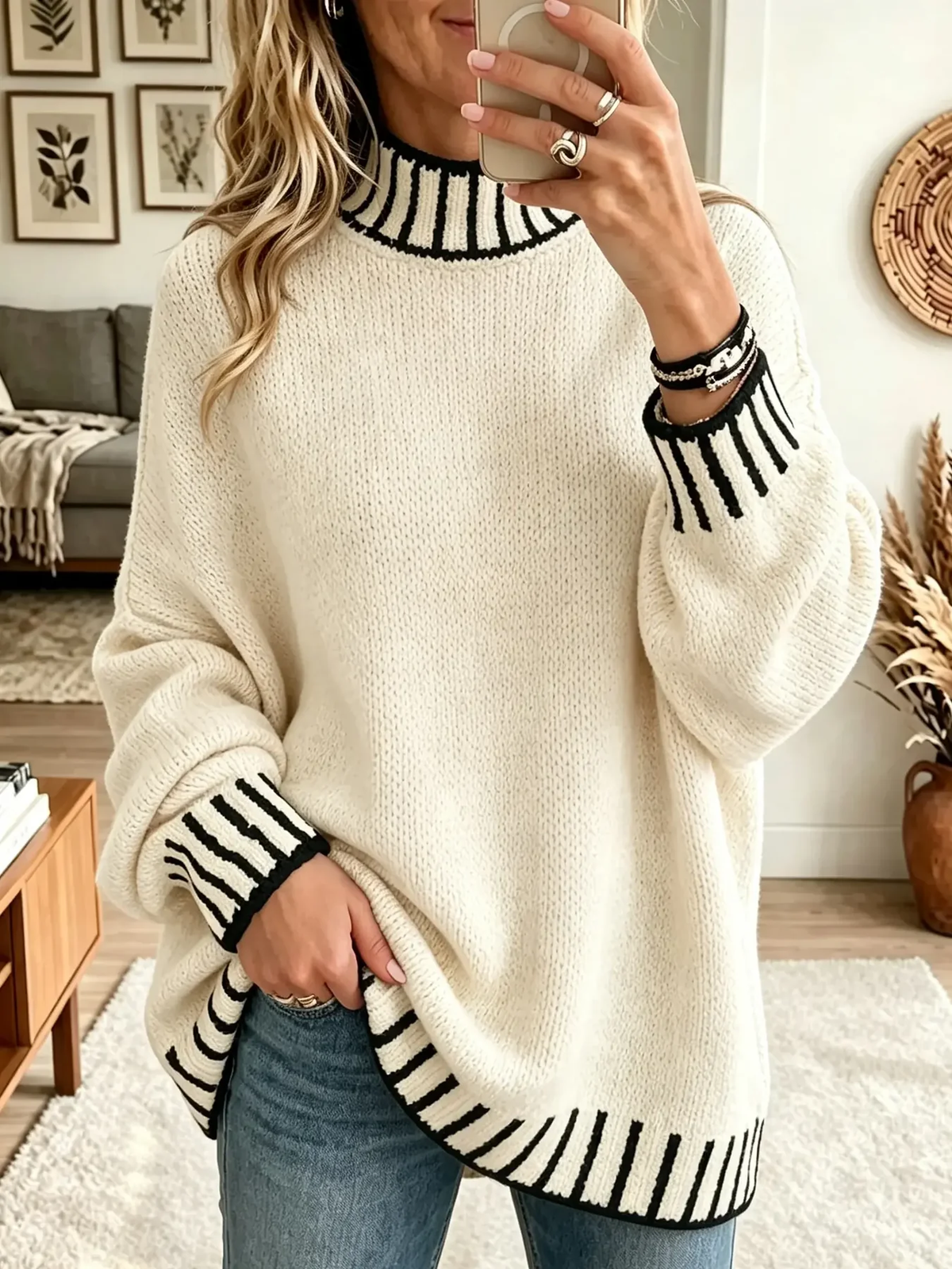 TopSpire® - Women's Striped Trim Mock Neck Sweater