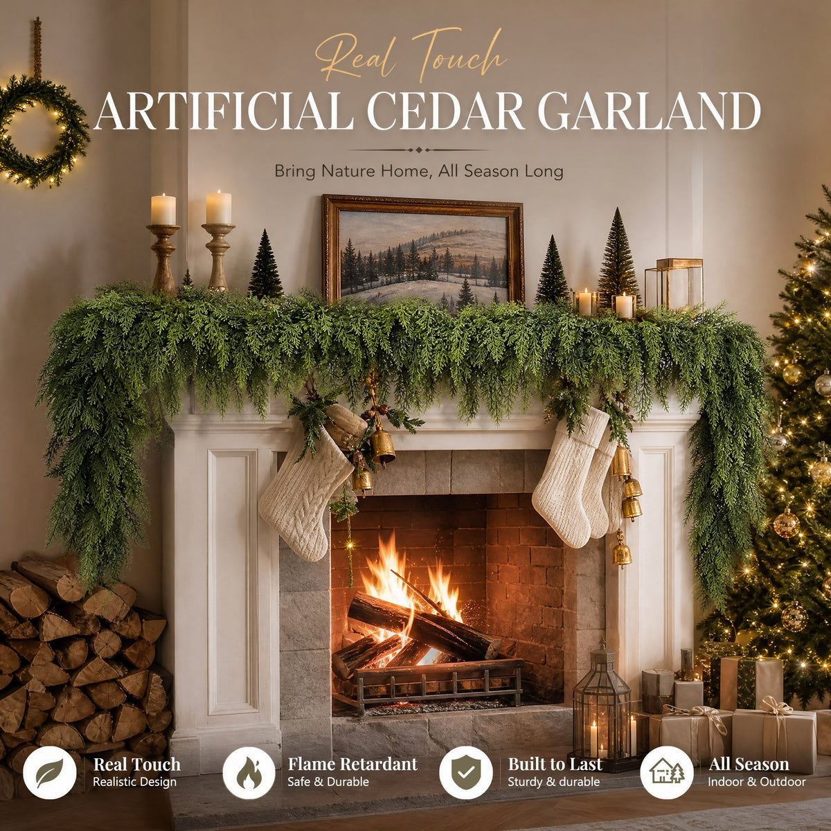 🎄Real Touch Artificial Cedar Garland | Lifelike Winter Pine Greenery for Christmas Mantle, Table & Wall Decor
