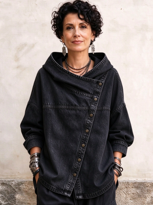 TopSpire® -⏰Women's Chic Denim Hooded Jacket - Relaxed Asymmetric Button Front Top