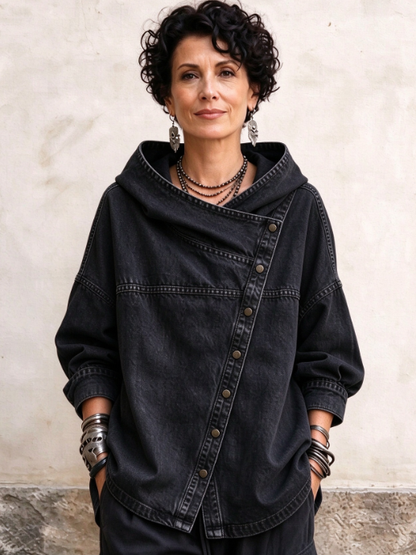 TopSpire® -⏰Women's Chic Denim Hooded Jacket - Relaxed Asymmetric Button Front Top