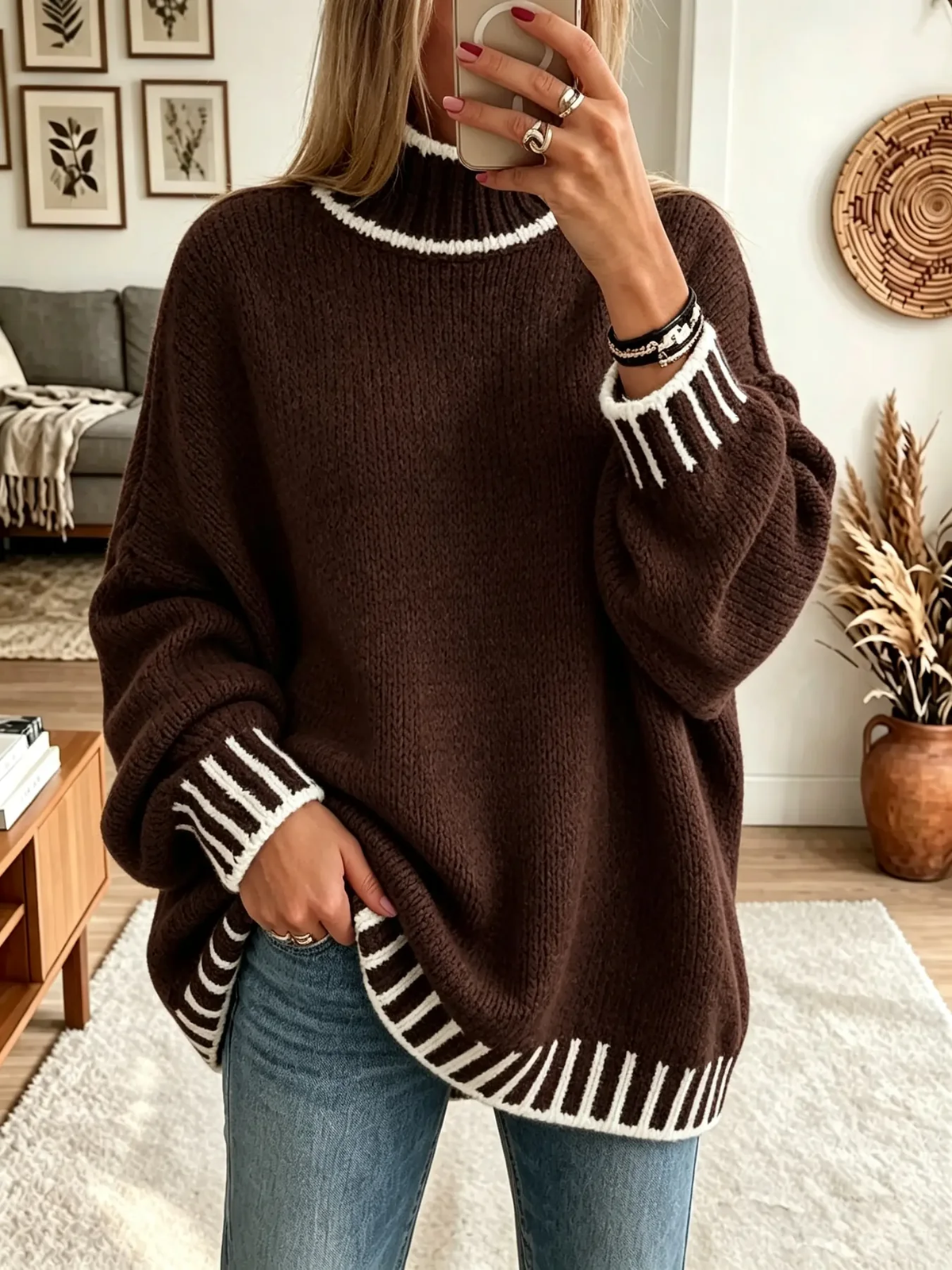 TopSpire® - Women's Striped Trim Mock Neck Sweater