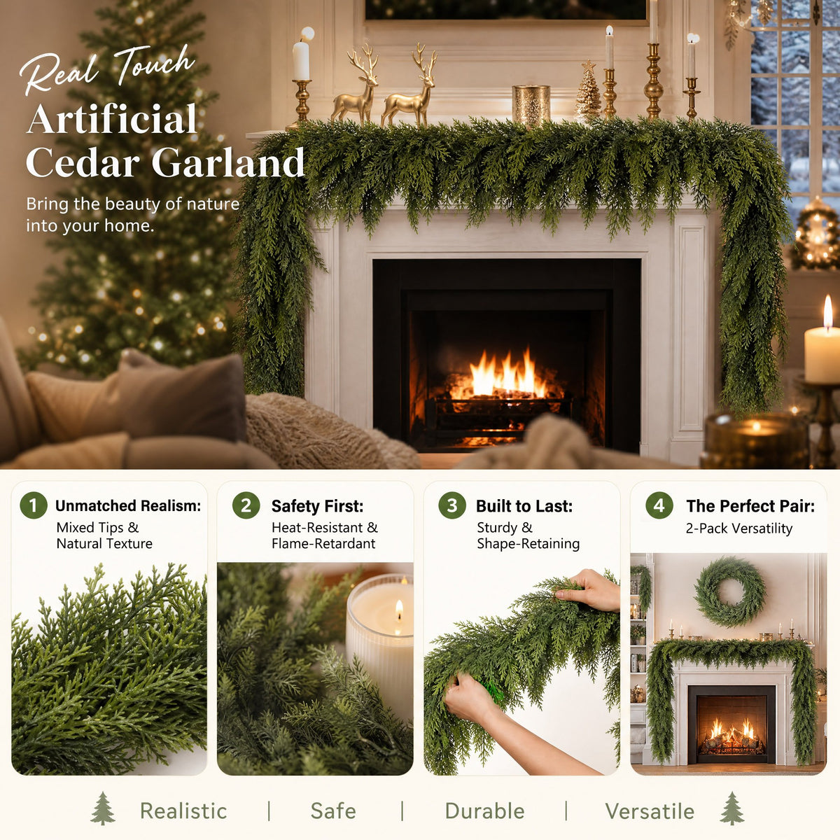 🎄Real Touch Artificial Cedar Garland | Lifelike Winter Pine Greenery for Christmas Mantle, Table & Wall Decor