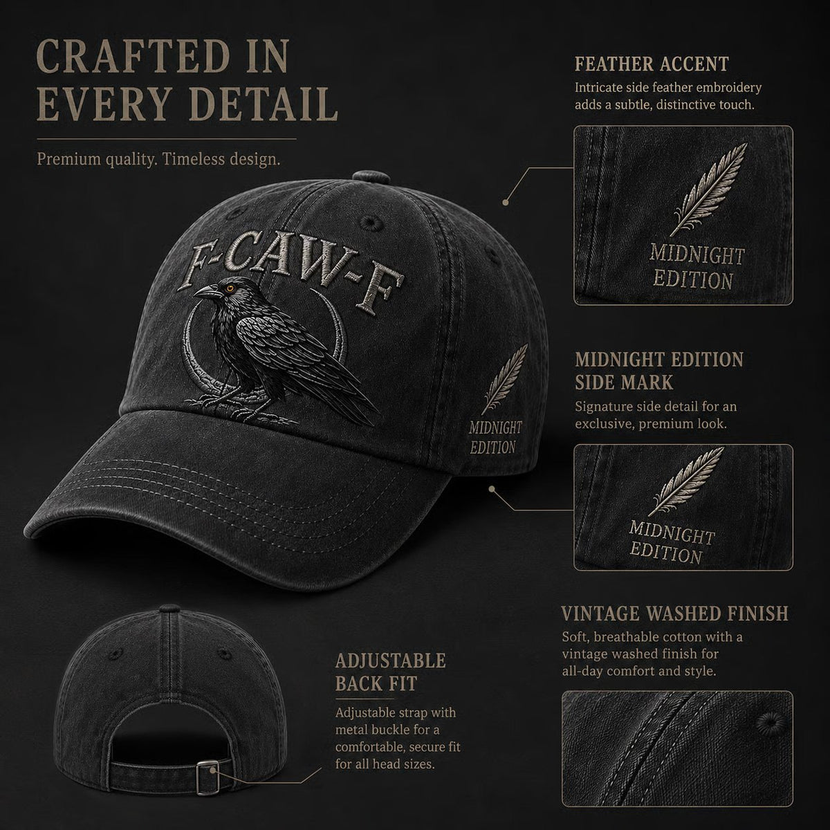 F-CAW-F Midnight Edition Raven Cap – Vintage Washed Embroidered Crow Hat