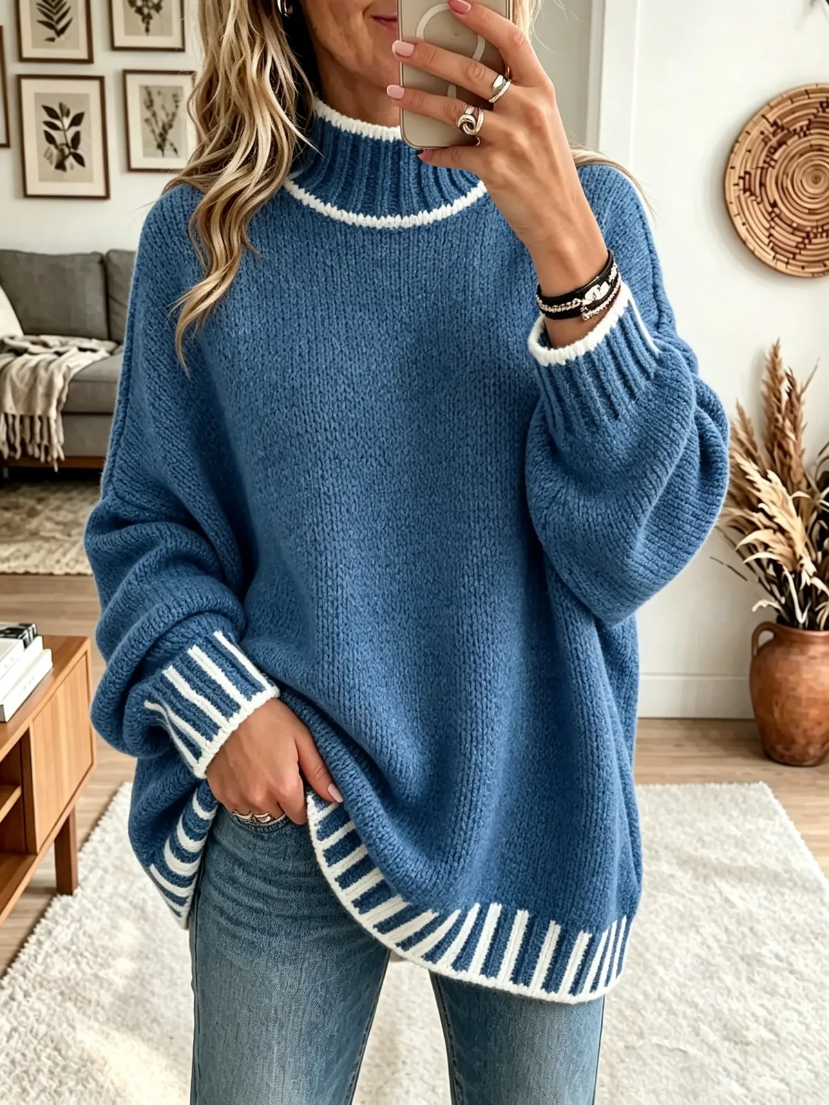TopSpire® - Women's Striped Trim Mock Neck Sweater