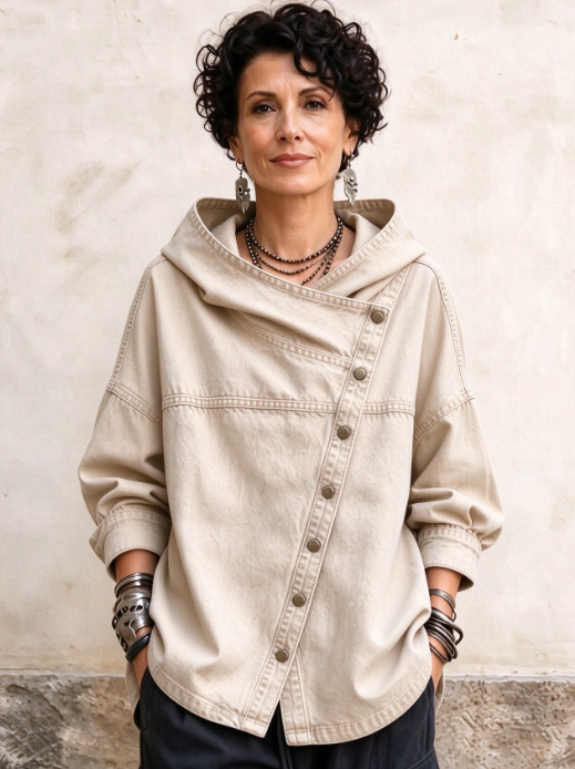 TopSpire® -⏰Women's Chic Denim Hooded Jacket - Relaxed Asymmetric Button Front Top