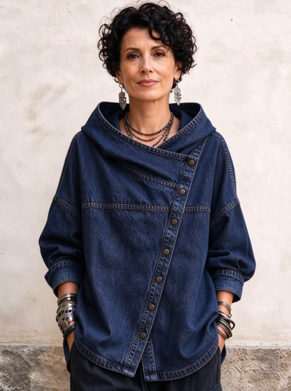 TopSpire® -⏰Women's Chic Denim Hooded Jacket - Relaxed Asymmetric Button Front Top